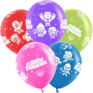 К 12"/30см Brawl Stars, С Днем Рождения, дизайн №4, Ассорти, пастель, 5 ст, 25 шт. / (Китай)