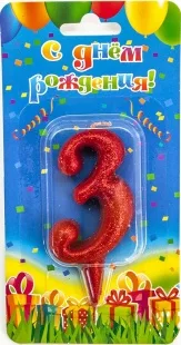 Свеча цифра "3" Овал, красная, с блестками, 8 см./ 1шт.