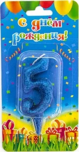 Свеча цифра "5" Овал, синяя, с блестками, 8 см./ 1шт.