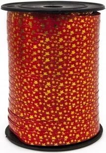 Лента (0,5 см*250 м) Золотые звезды, Красный, Металлик, 1 шт.
